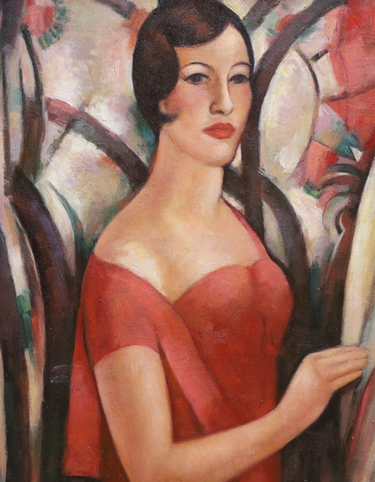 Decorative oil on board, Portrait of an Art Deco woman, 42 x 34cm